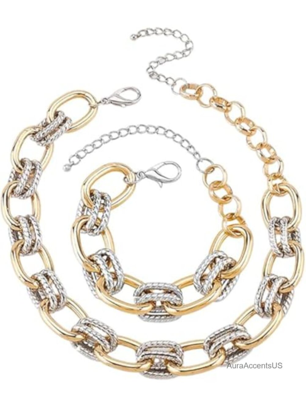 Two-Tone Chunky Metal Link Necklace Bracelet Set Punk Statement